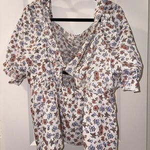 SHEIN White Floral Blouse with Red and Blue Accents
